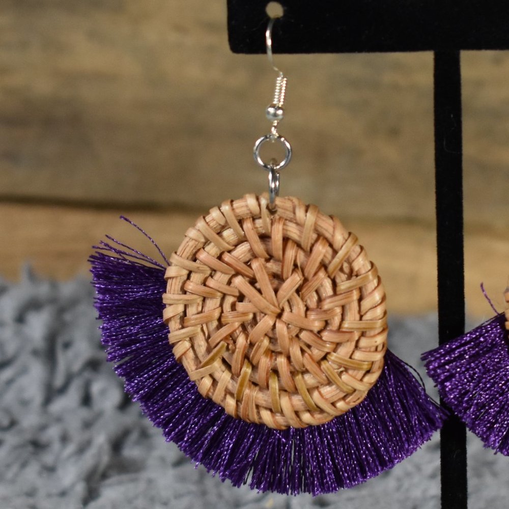 Boho Purple and Wicker Woven Earrings - Picture 3 of 7